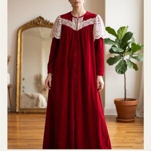 Vintage Brandywine Red Velvet Housecoat Robe Maxi Long Sleeve Lace Trim 1970s